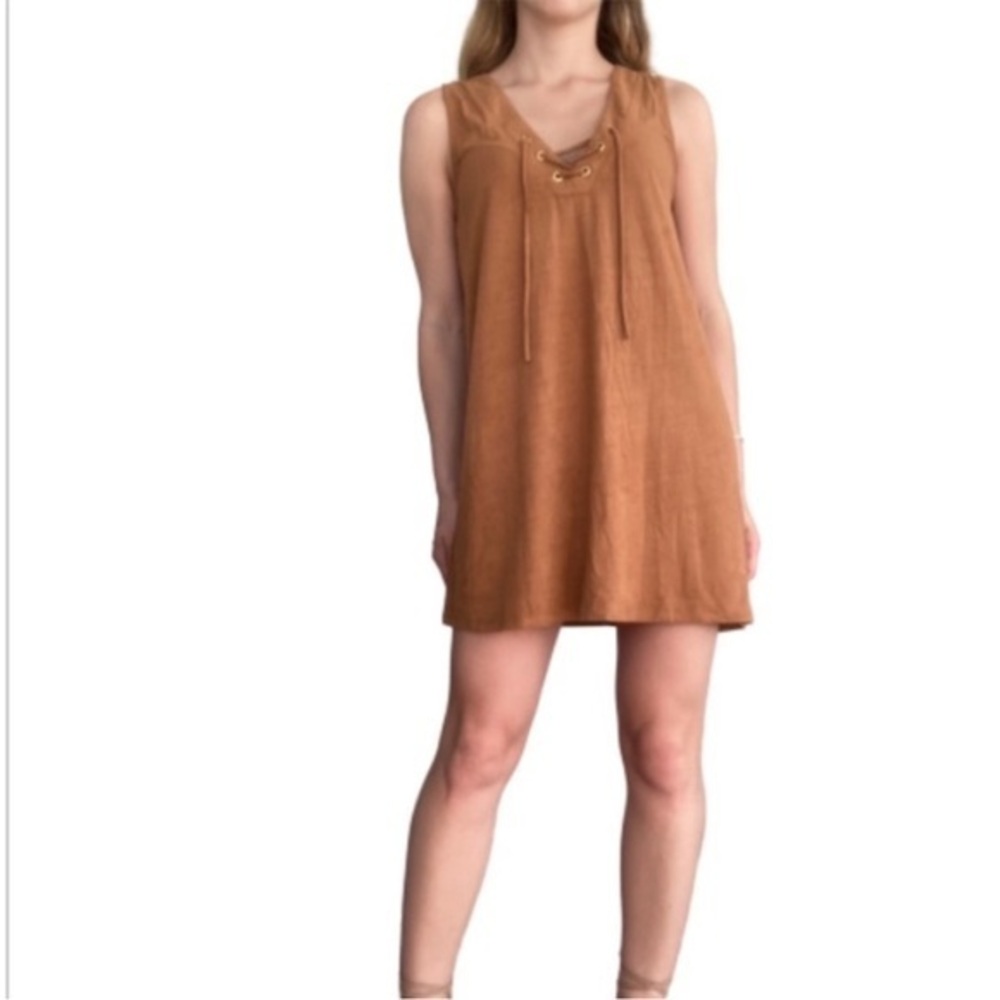 ANTHROPOLOGIE Sans Souci Tie Up Front Boho‎ Hippie Faux Suede Dress Size Small